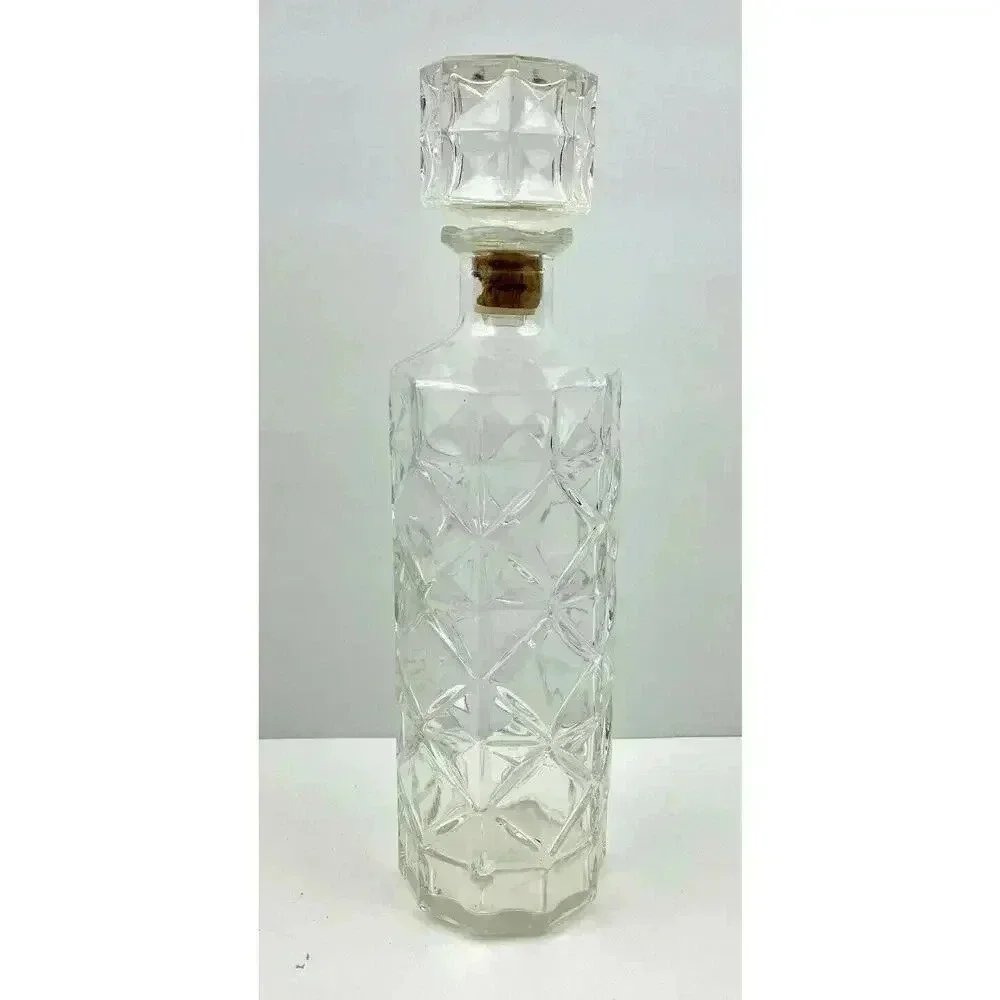 VTG Cut Glass Decanter Liquor Wine Bottle Diamond Pattern 11.5